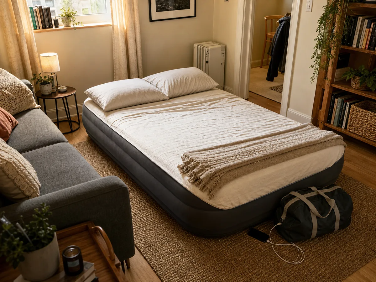 A realistic guest-ready living room scene showing an air mattress in everyday use