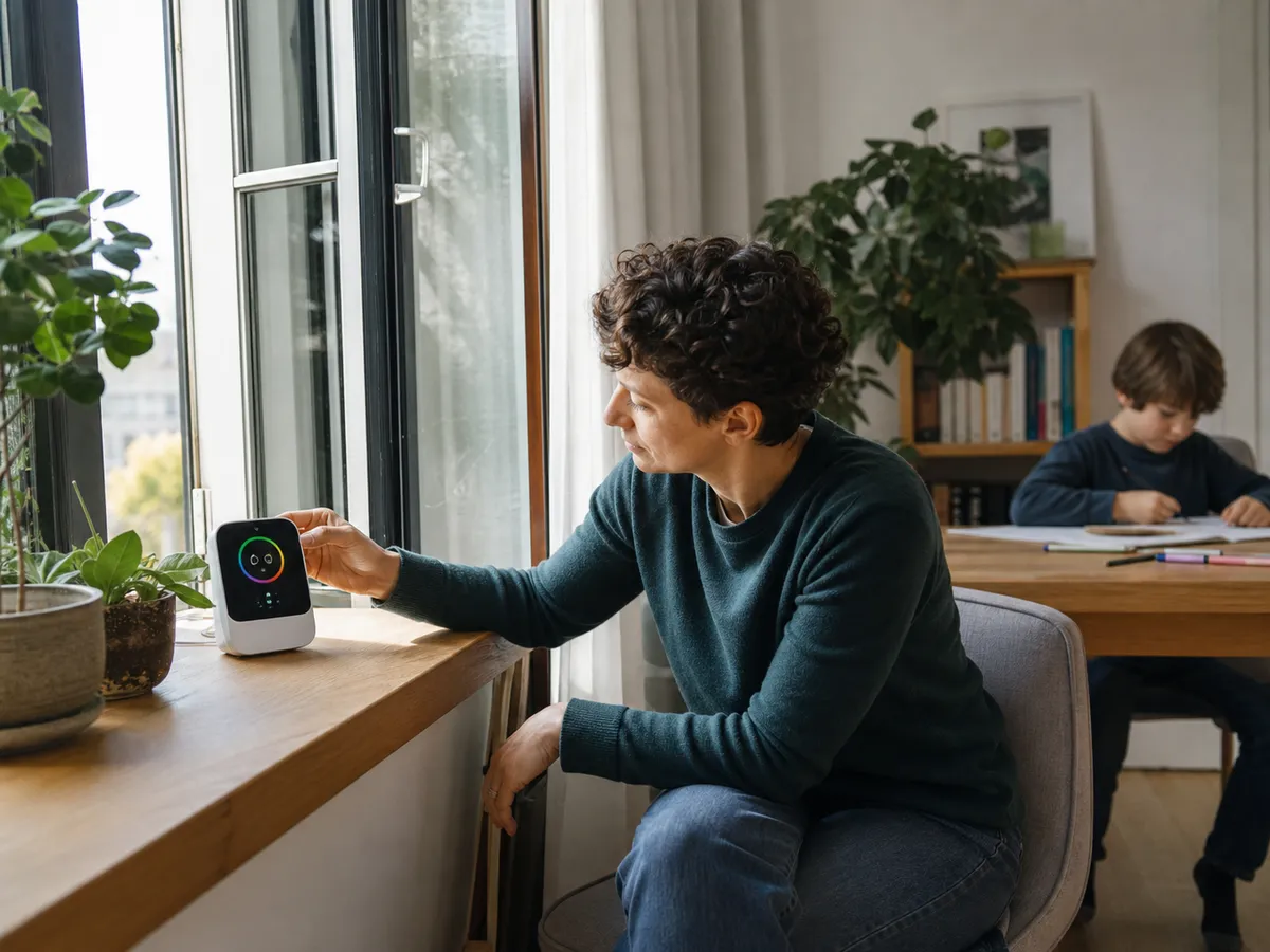A small air quality monitor on a shelf near houseplants and an open window