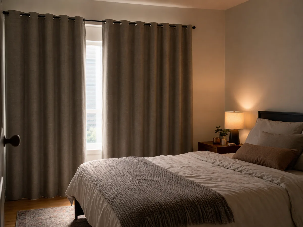 A realistic sunlit bedroom scene showing blackout curtains in everyday use