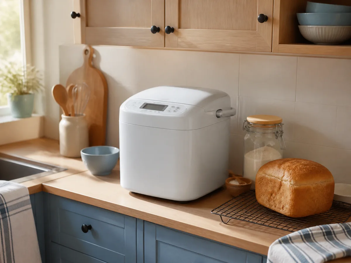 A realistic weekend kitchen scene showing a bread machine in everyday use
