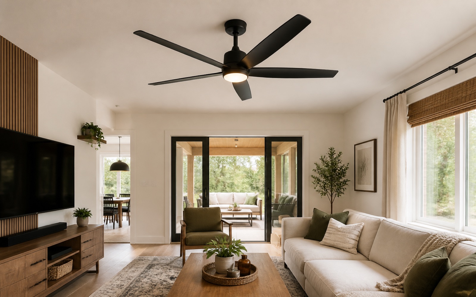 A modern living room with a large matte-black ceiling fan and integrated light