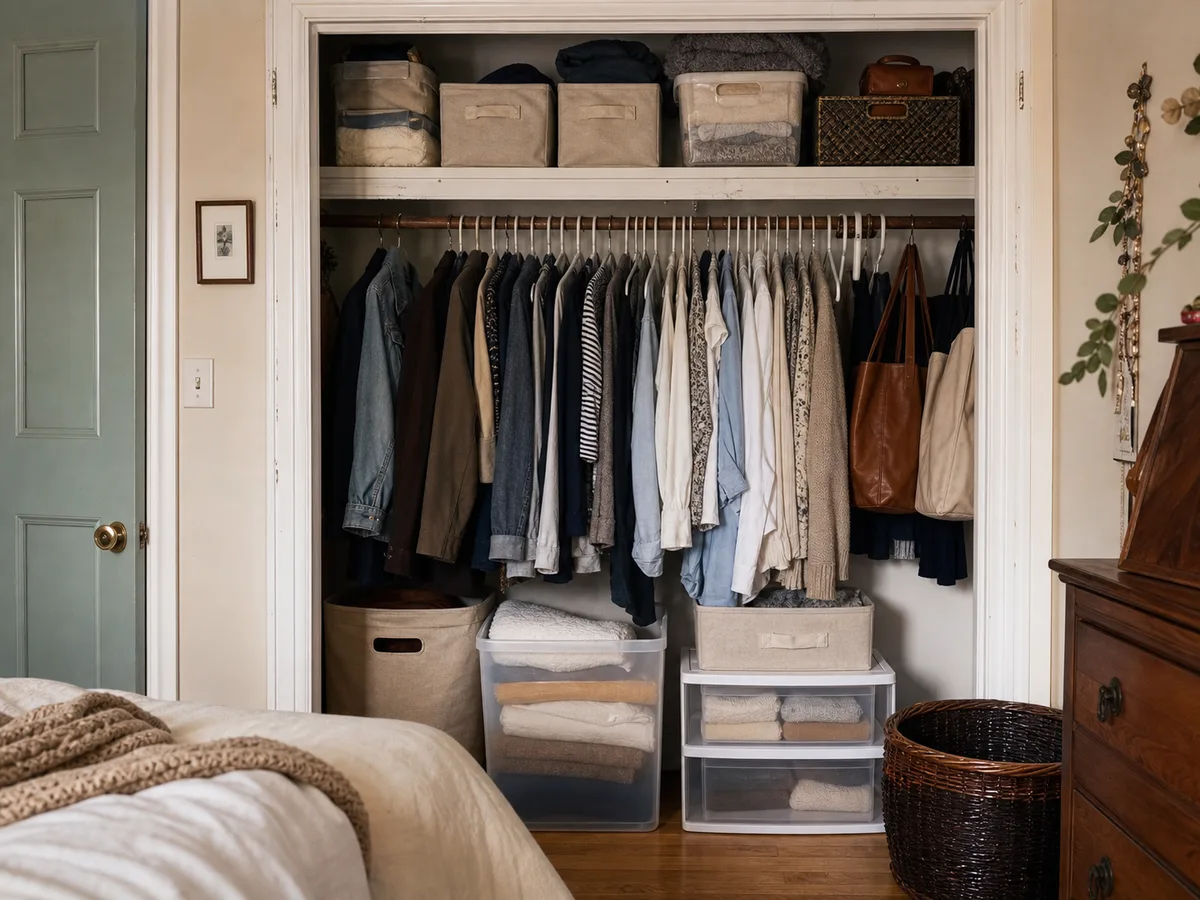 A realistic small bedroom closet scene showing closet storage bins in everyday use