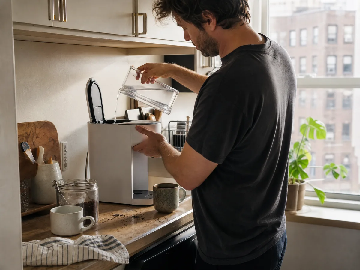 A realistic small breakfast nook scene showing a compact coffee maker in everyday use