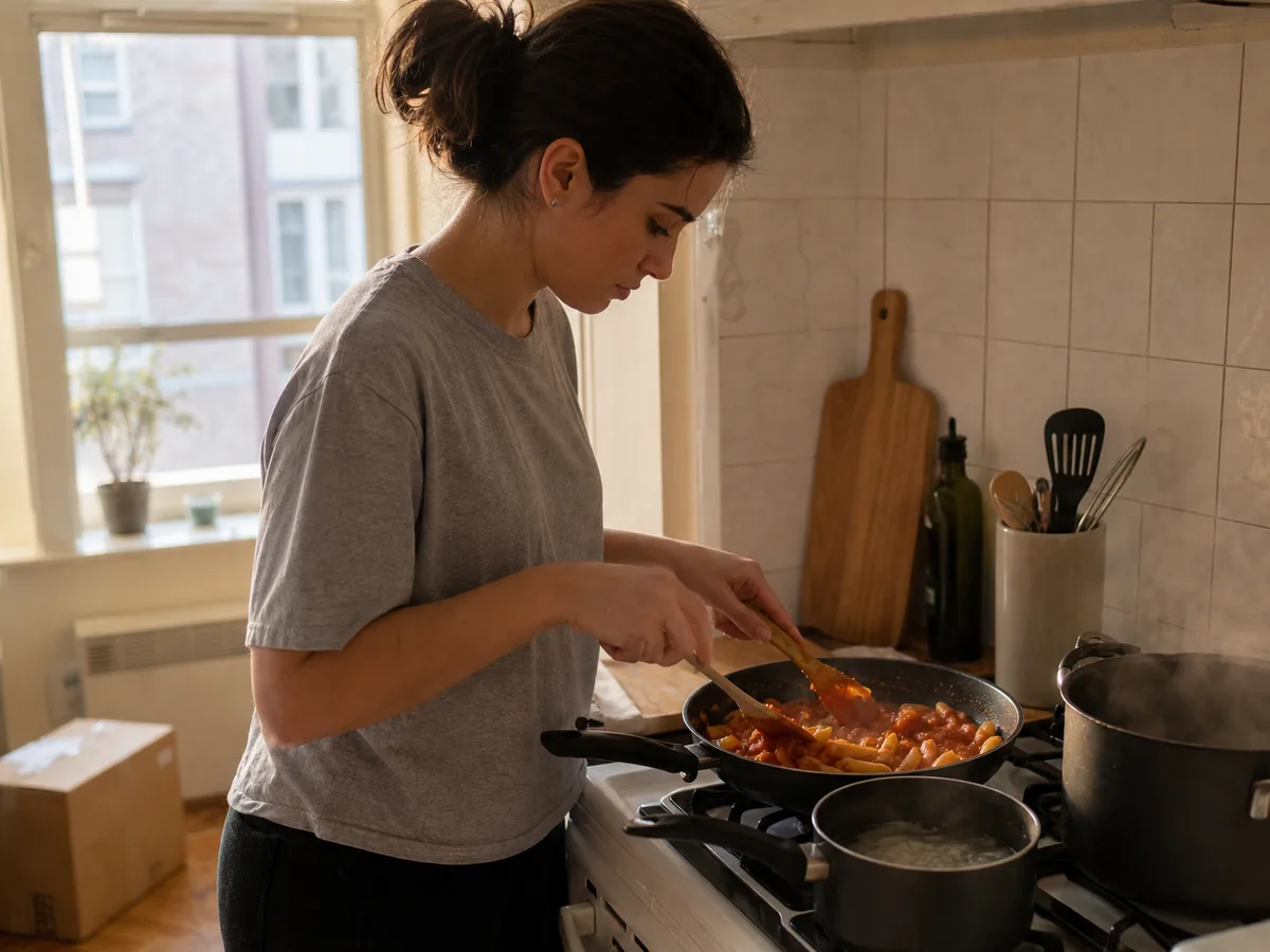 A realistic first apartment kitchen scene showing a starter cookware set in everyday use