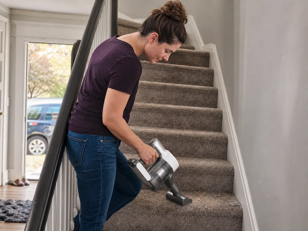 A realistic two-story home scene showing a cordless vacuum in everyday use