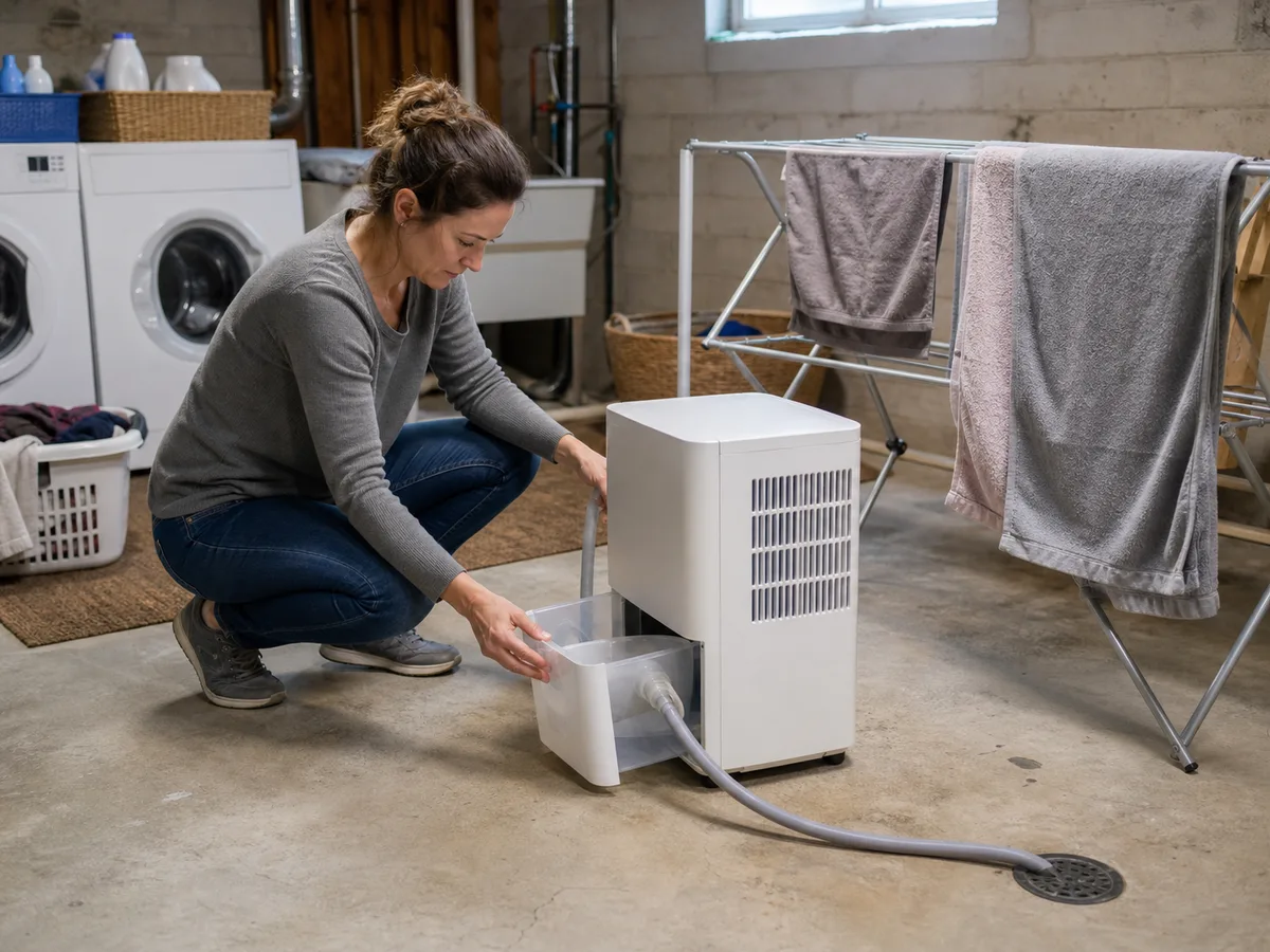 A realistic basement laundry room scene showing a dehumidifier in everyday use