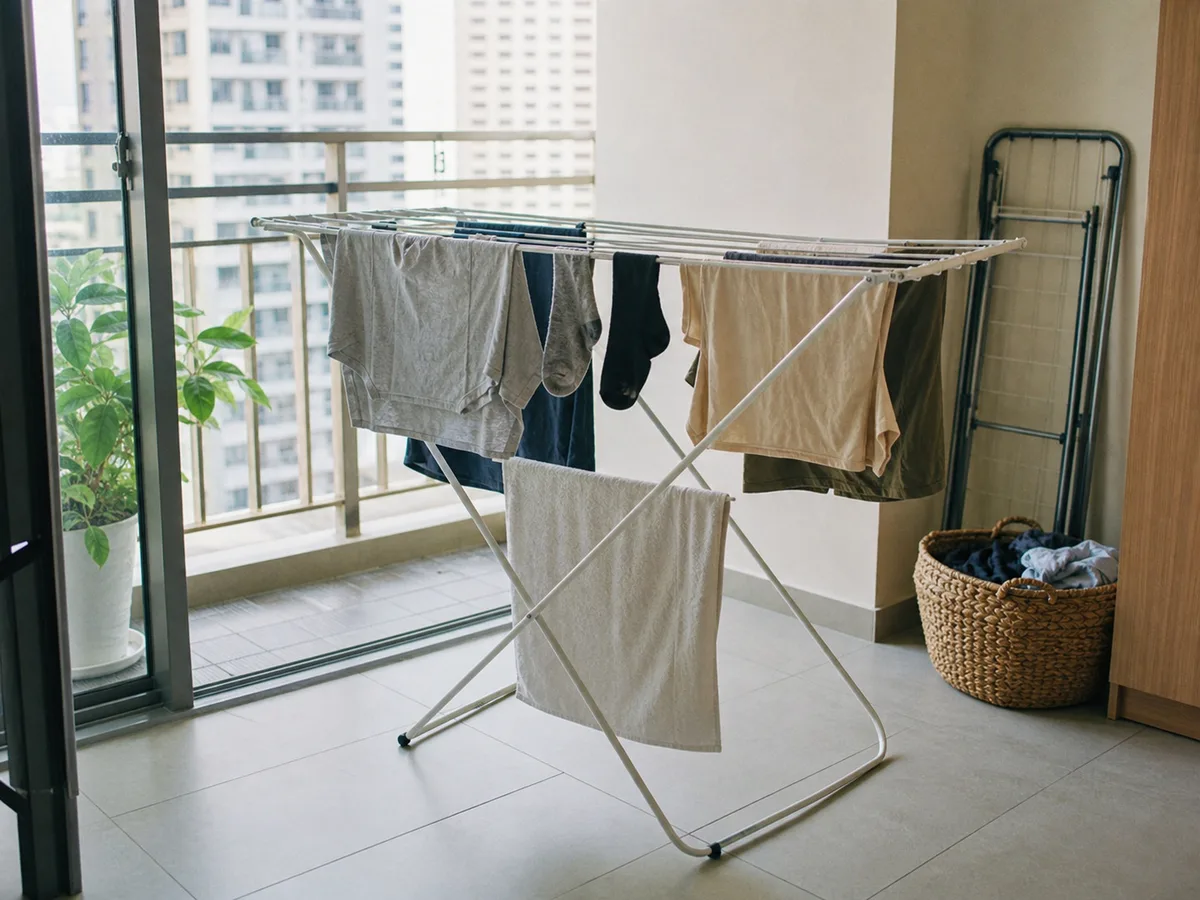 A realistic apartment laundry area scene showing a clothes drying rack in everyday use