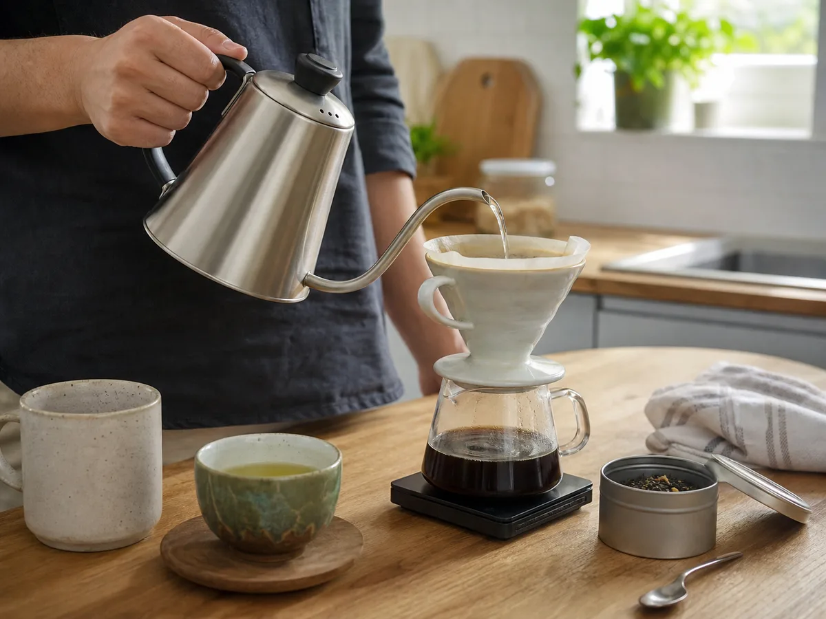 A realistic shared kitchen scene showing an electric kettle in everyday use
