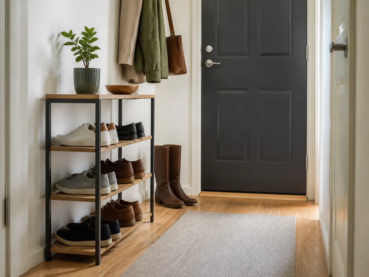A realistic narrow apartment entryway scene showing entryway shoe storage in everyday use