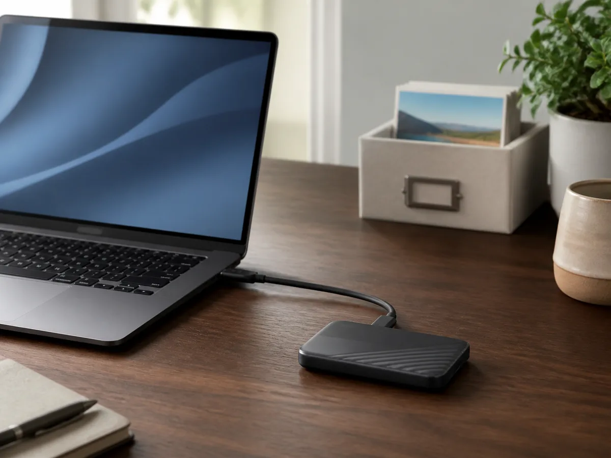 A realistic home office desk scene showing an external solid-state drive in everyday use