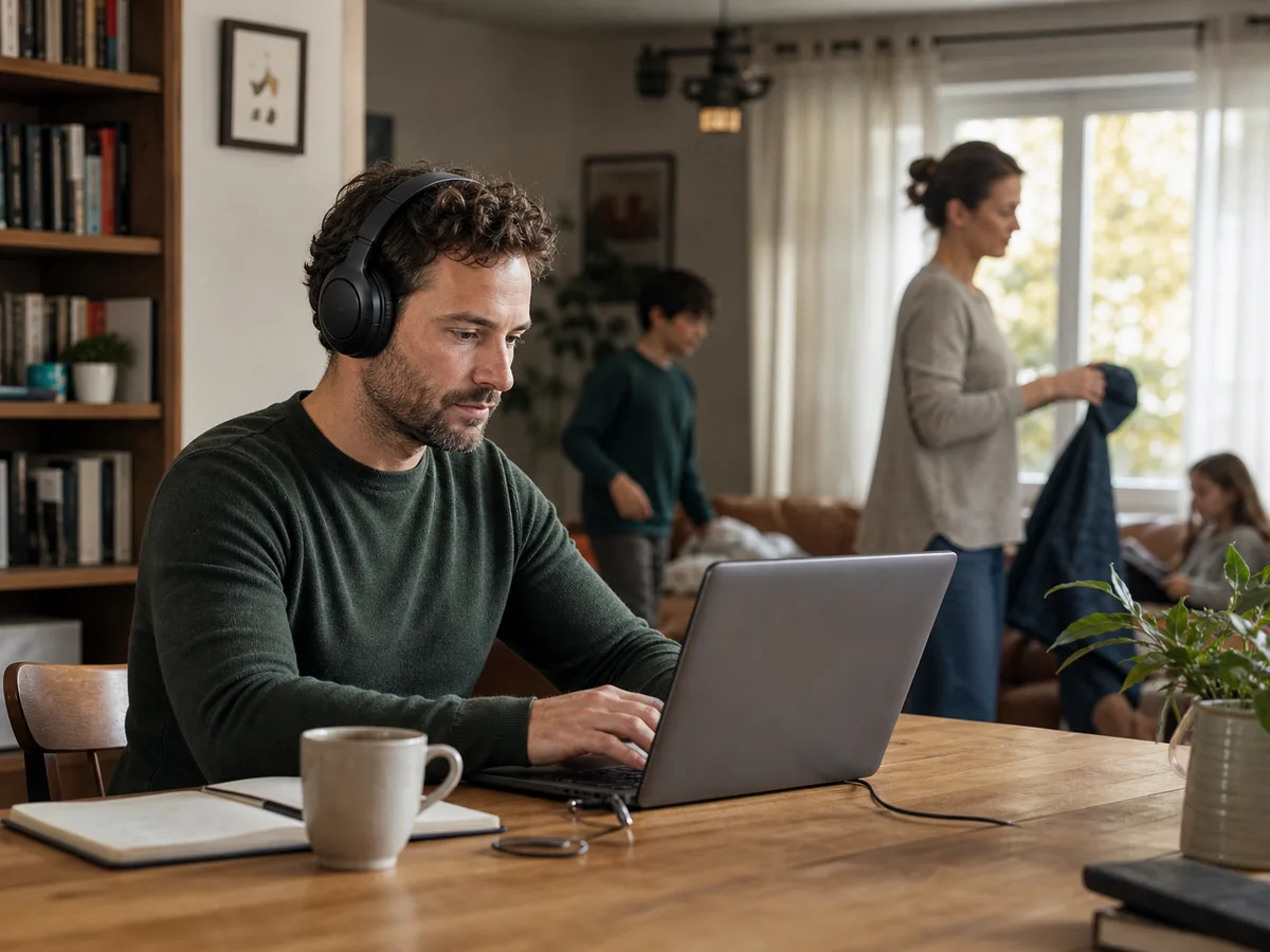 A realistic shared listening room scene showing over-ear headphones in everyday use