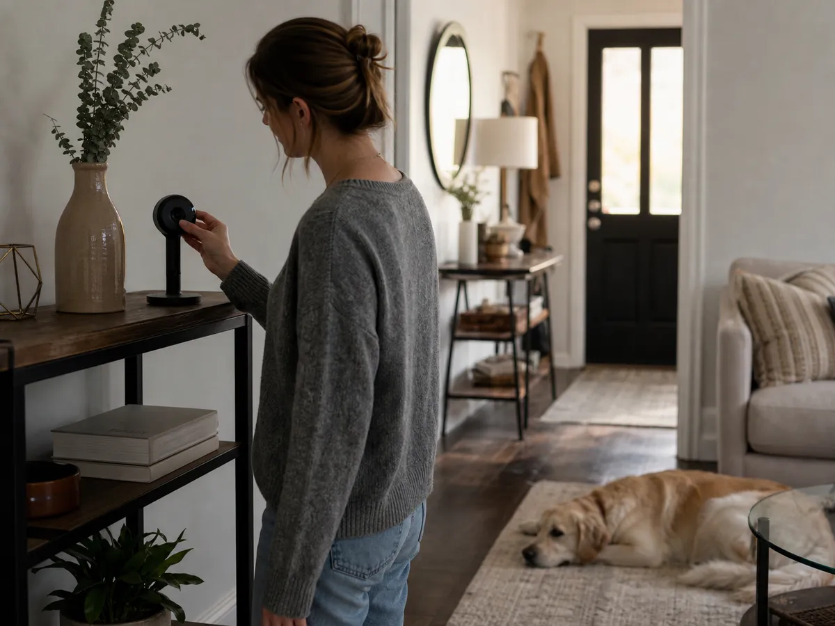 A compact indoor camera turned toward an entryway with a visible privacy shutter