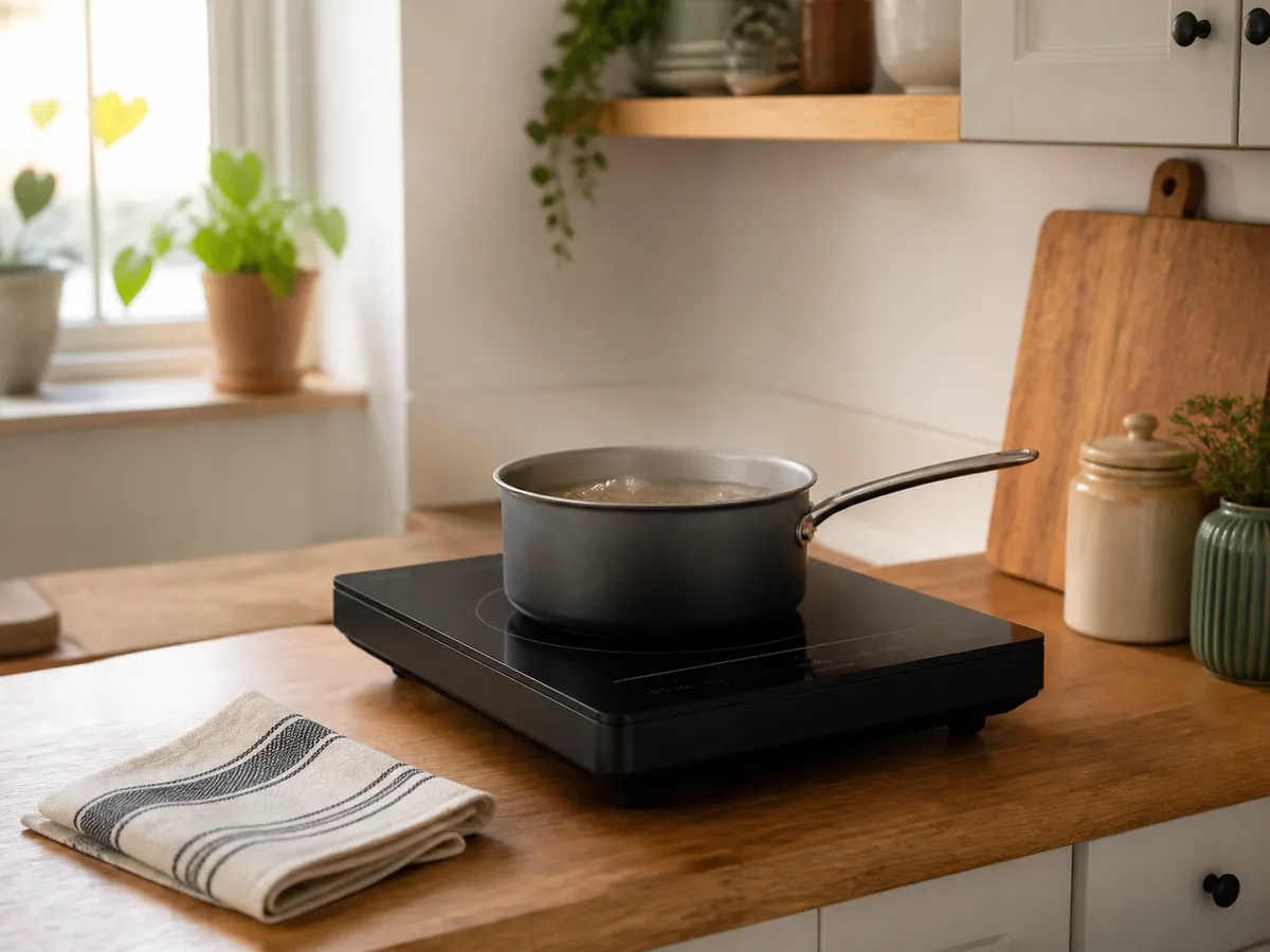 A realistic small apartment kitchen scene showing a portable induction burner in everyday use
