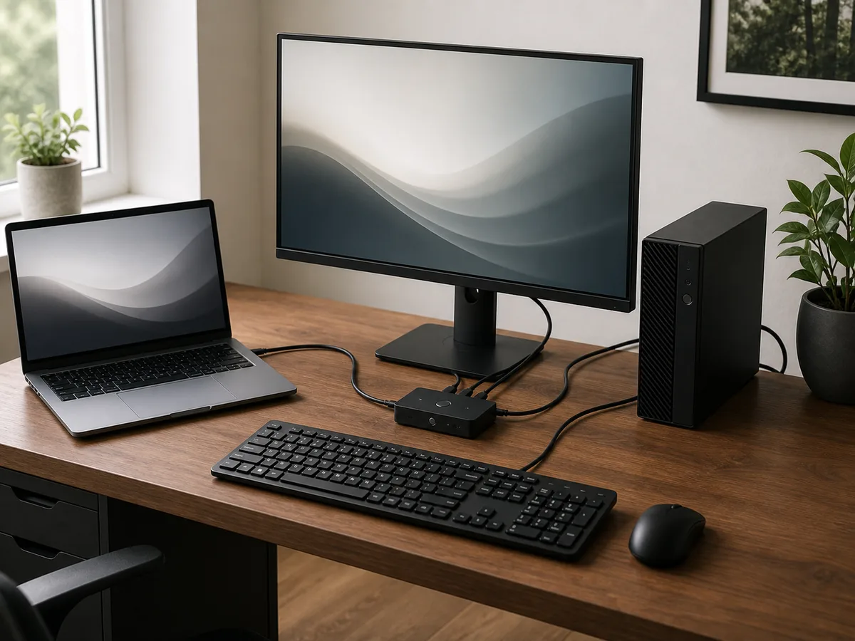 A realistic dual-computer home office scene showing a KVM switch in everyday use