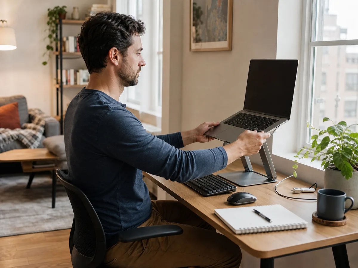 A realistic compact desk scene showing a laptop stand in everyday use