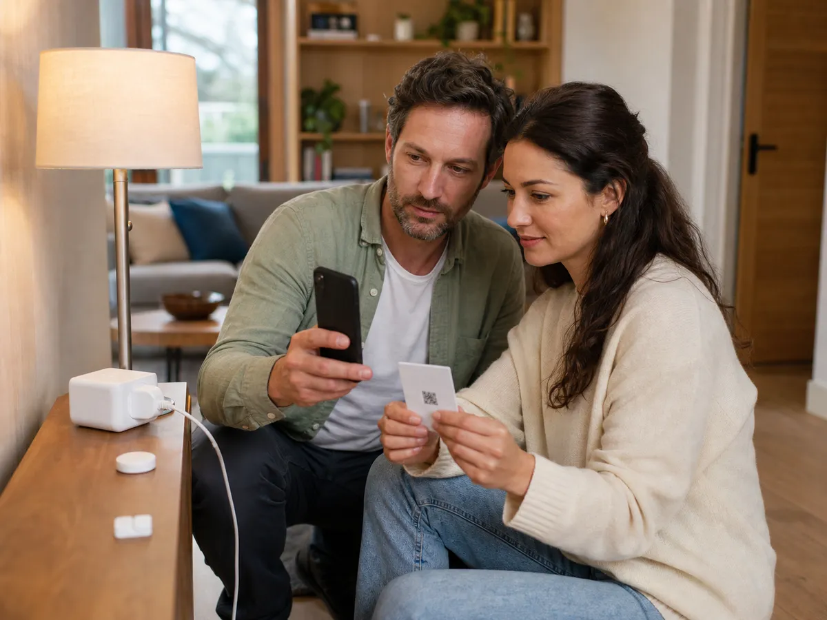 A phone controlling a lamp, smart plug, and sensor in a calm living room
