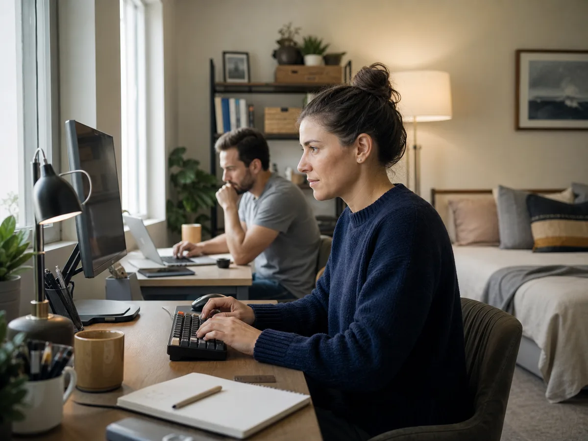 A realistic shared home office scene showing a mechanical keyboard in everyday use