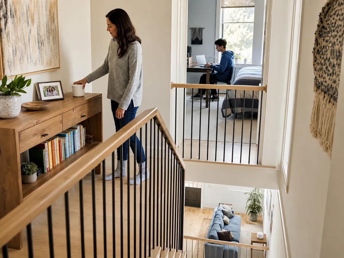 A realistic multi-story home scene showing a mesh Wi-Fi system in everyday use