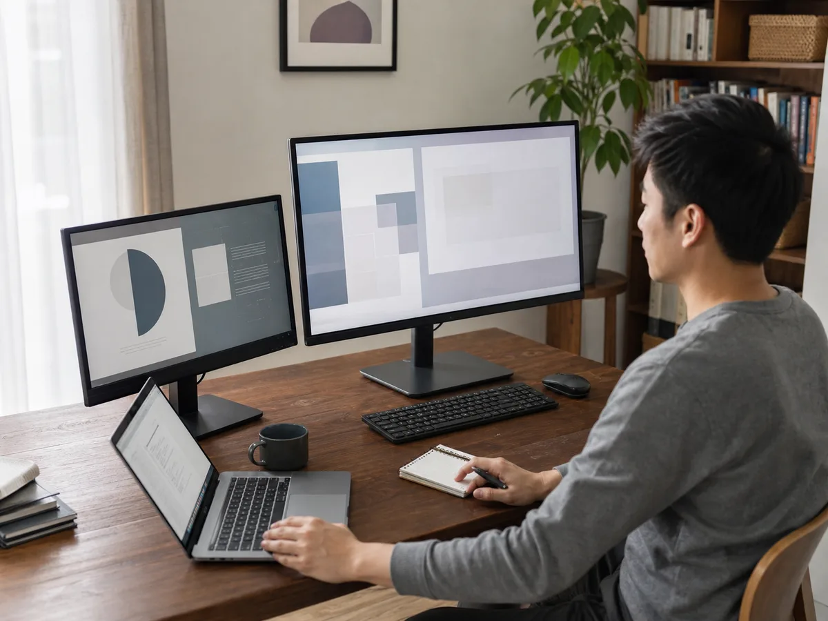 A realistic bright home office scene showing a computer monitor in everyday use