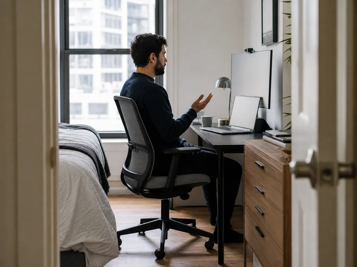 A realistic shared home office scene showing a home office chair in everyday use