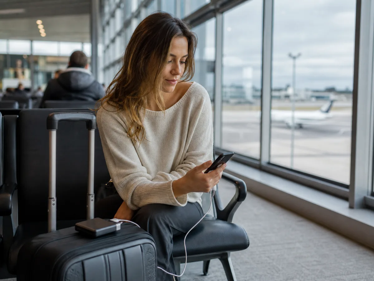 A realistic commuter bag scene showing a portable charger in everyday use
