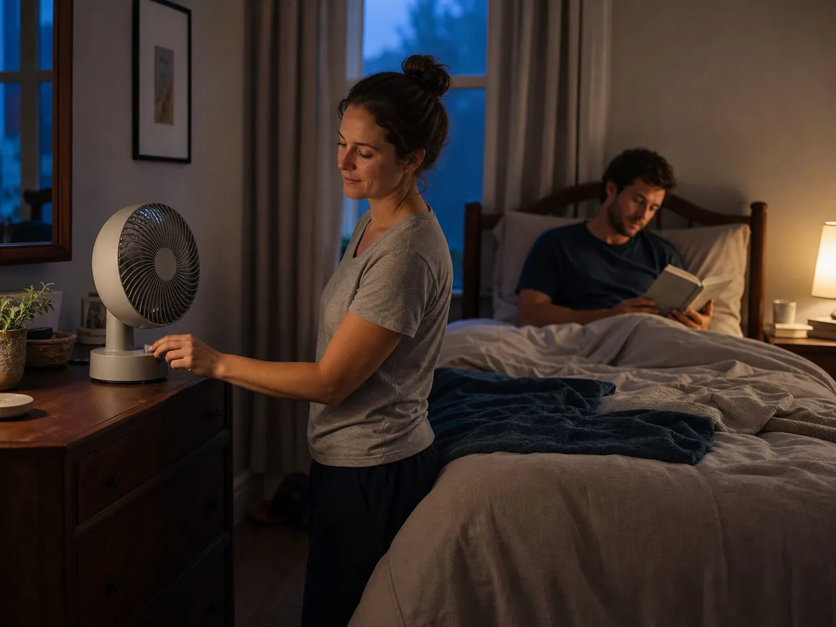 A realistic quiet bedroom scene showing a portable fan in everyday use
