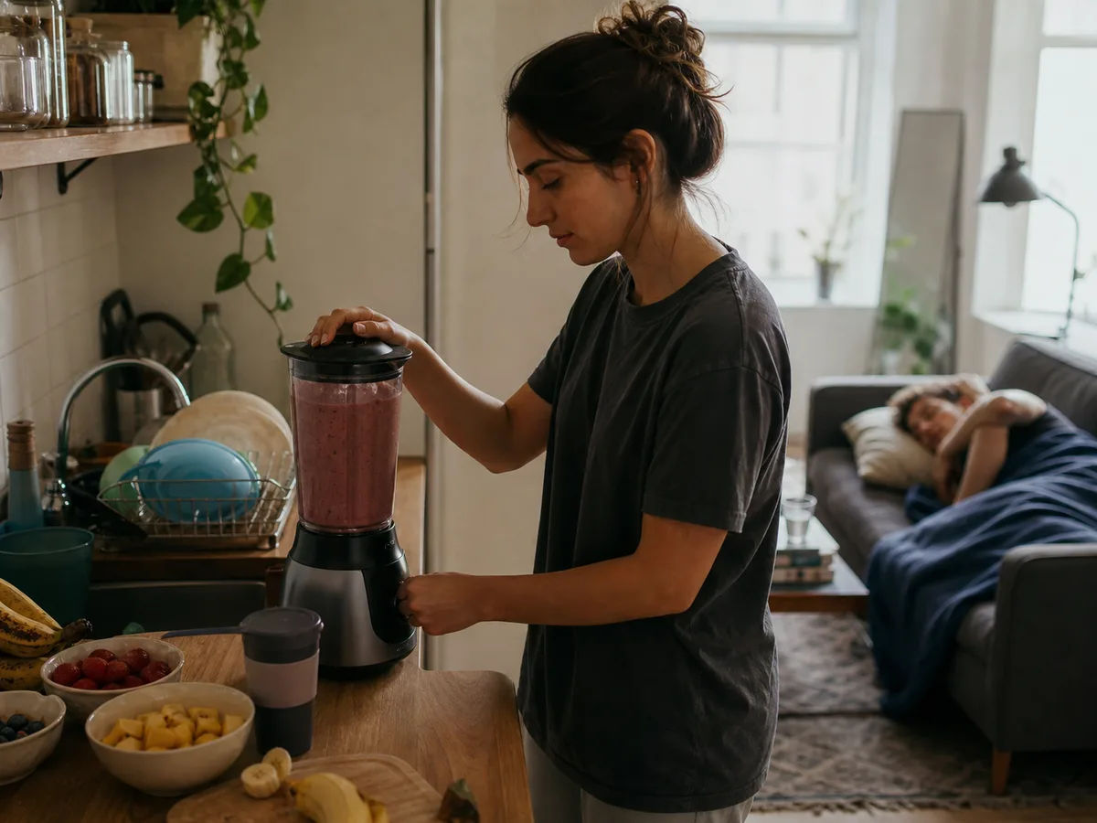 A realistic apartment kitchen scene showing a blender in everyday use