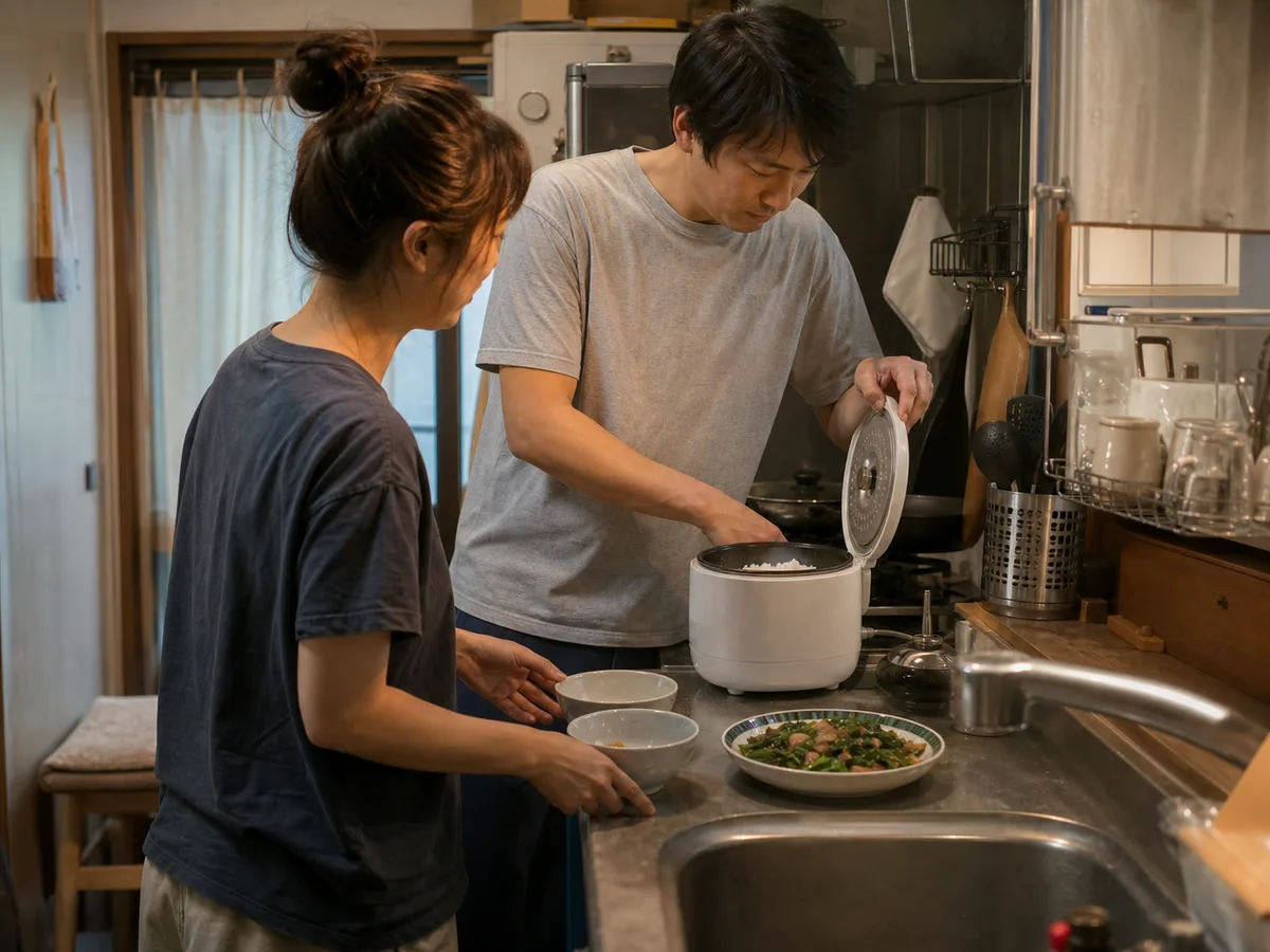 A realistic weeknight kitchen scene showing a small rice cooker in everyday use
