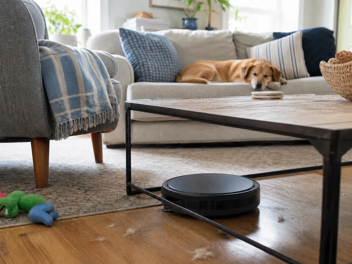 A realistic pet-friendly living room scene showing a robot vacuum in everyday use