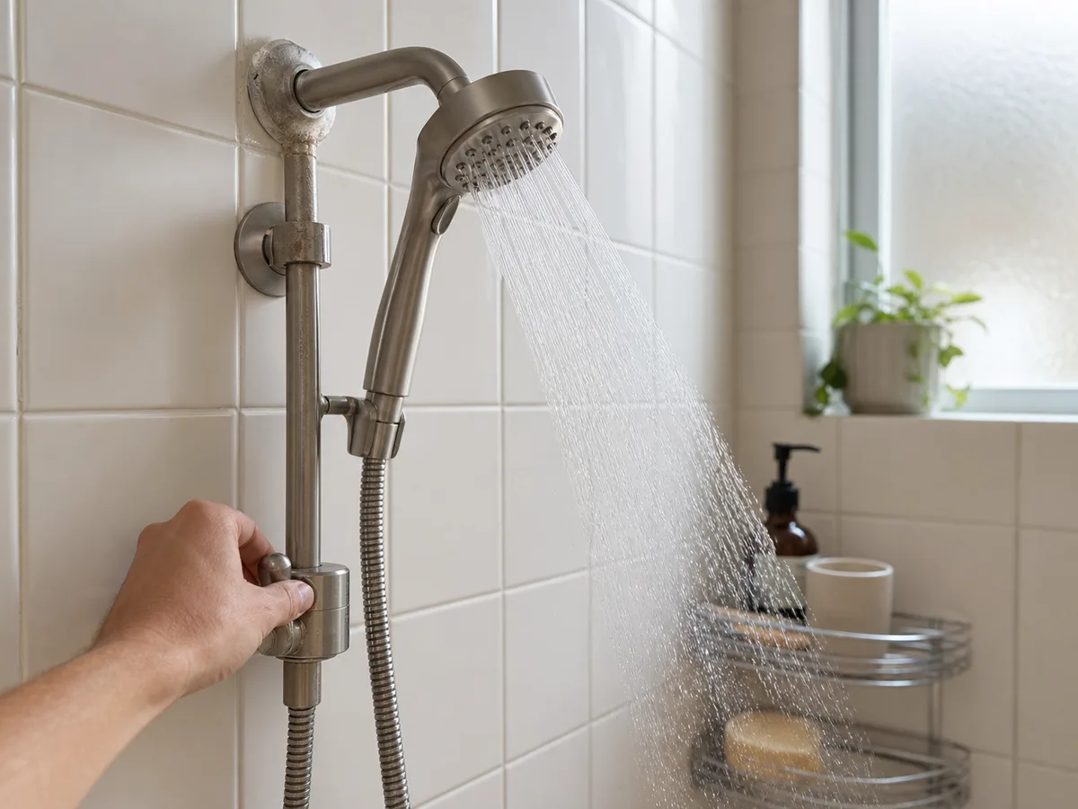 A realistic rental bathroom scene showing a replacement showerhead in everyday use