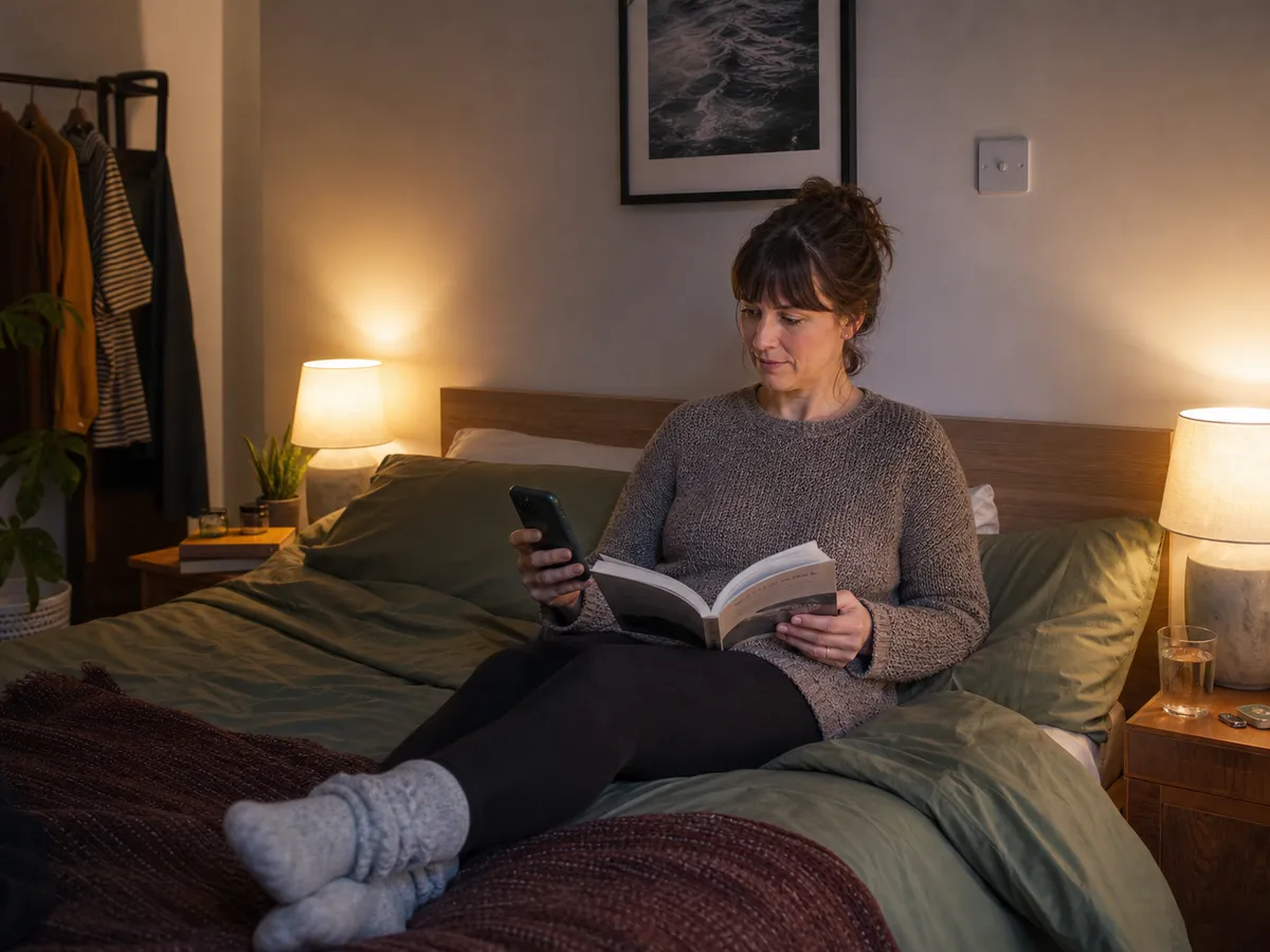 Warm smart bulbs lighting a compact bedroom with a phone on the bedside table