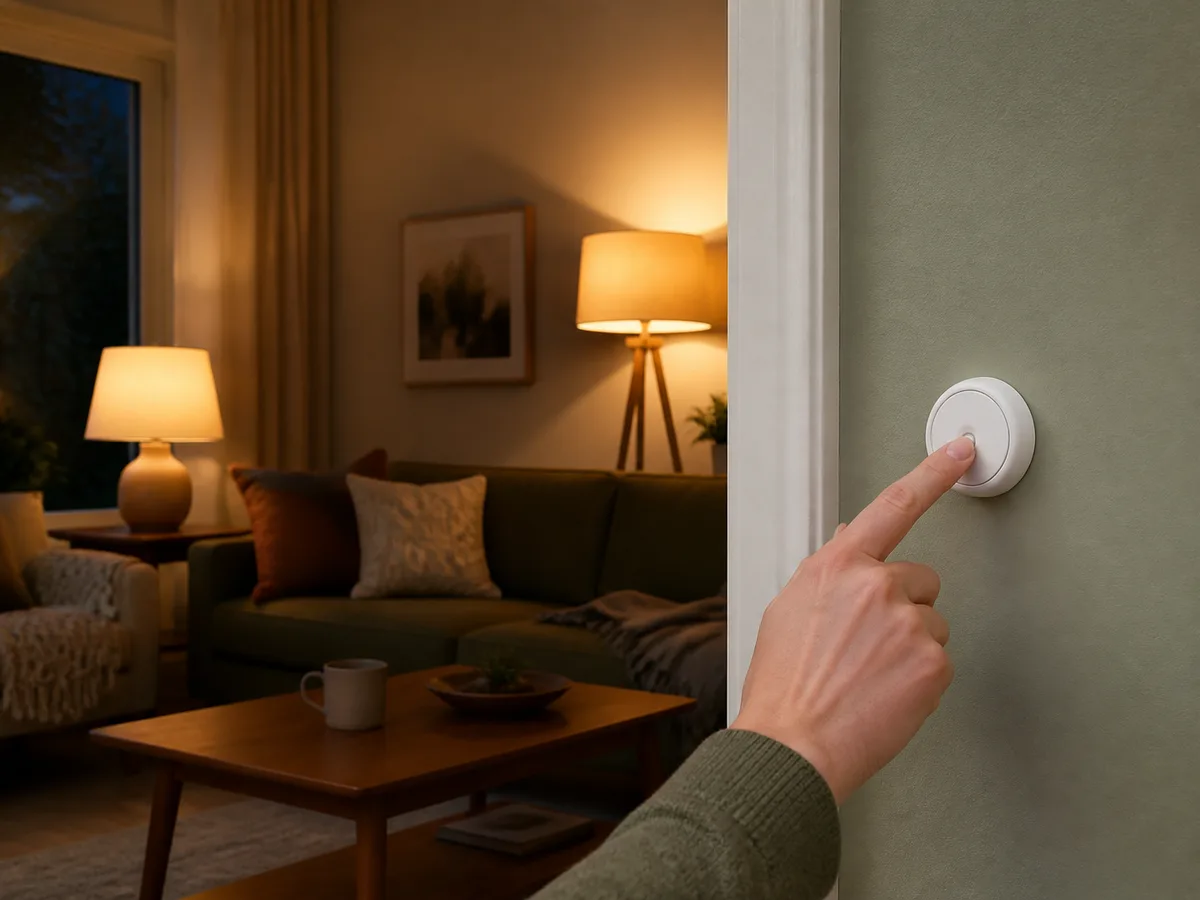A realistic connected living room scene showing a wireless smart button in everyday use