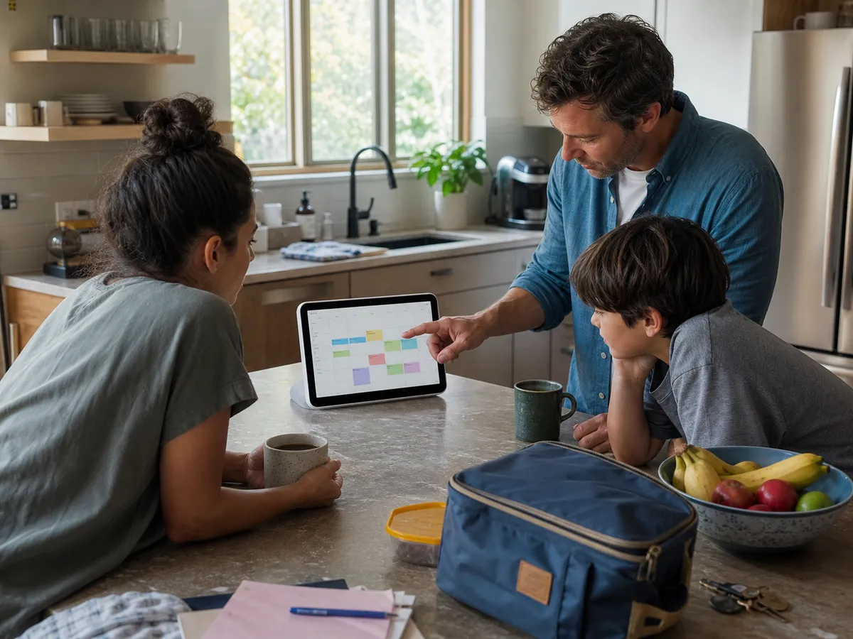 A smart display showing a family calendar on a bright kitchen counter