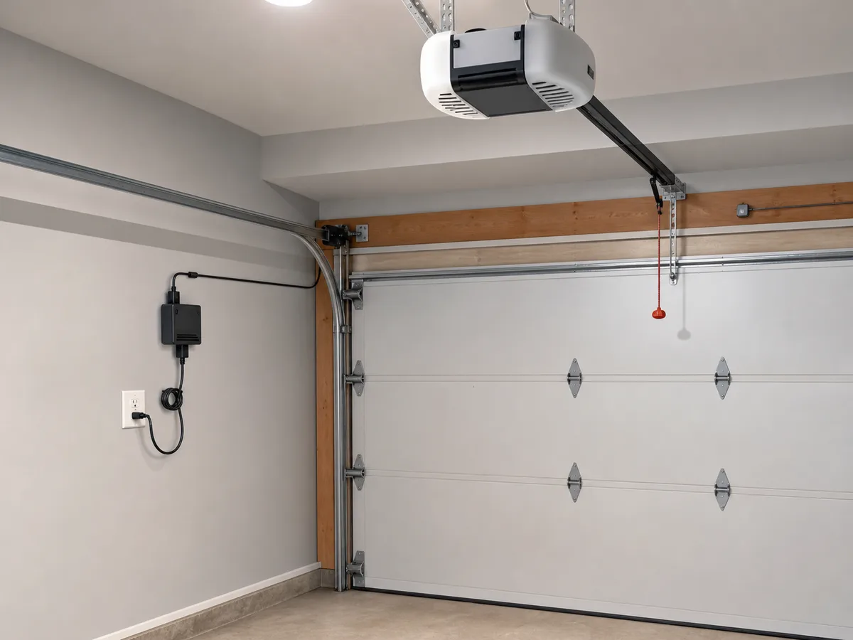A realistic attached home garage scene showing a smart garage door controller in everyday use