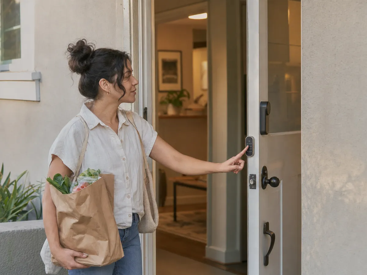 A renter using a keypad beside an apartment door while holding grocery bags