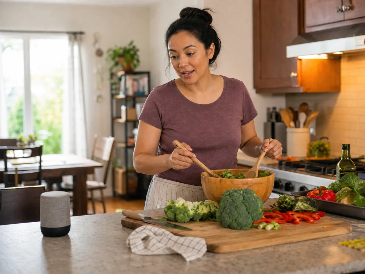 A realistic family kitchen scene showing a smart speaker in everyday use