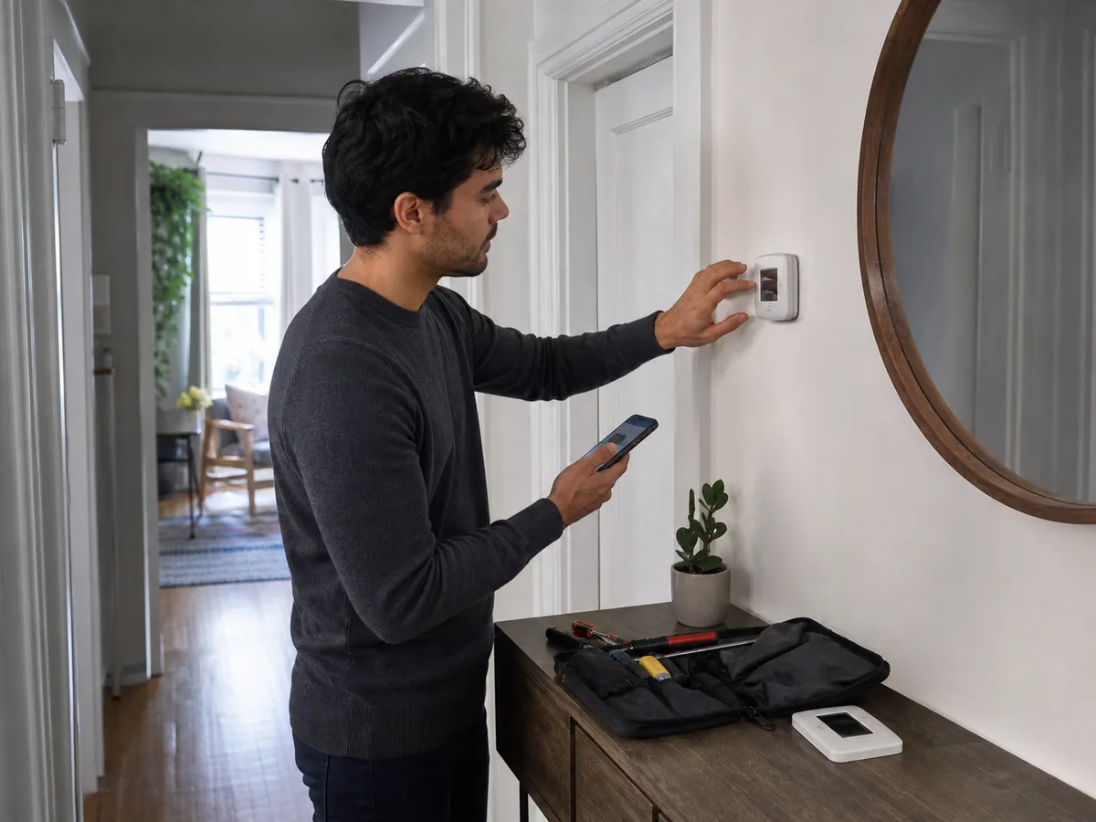 A resident adjusting a wall thermostat in a modern apartment hallway