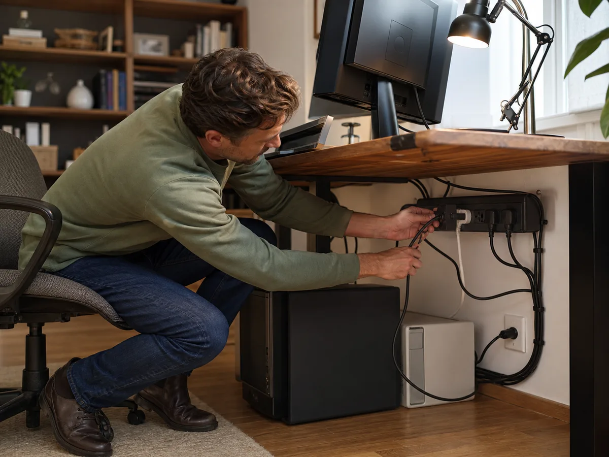 A realistic home office power corner scene showing a surge protector in everyday use