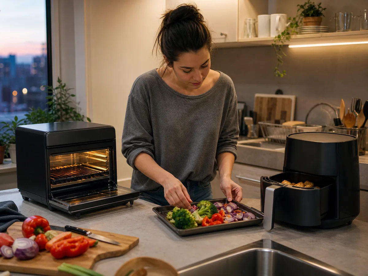 A realistic busy kitchen scene showing a countertop cooker in everyday use