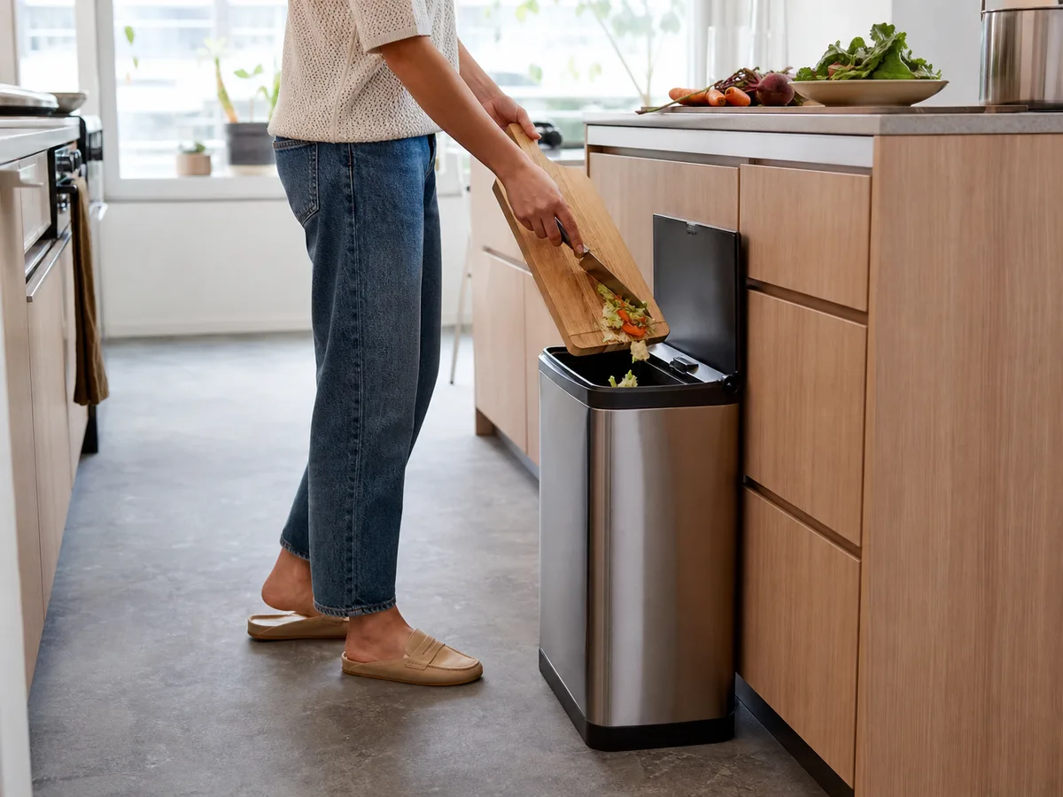 A realistic narrow kitchen scene showing a kitchen trash can in everyday use