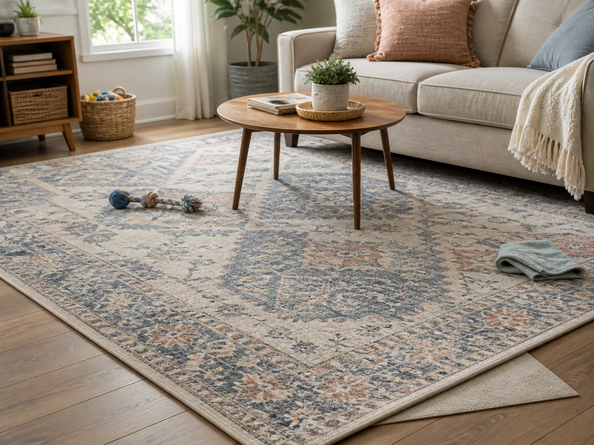 A realistic family living room scene showing a washable area rug in everyday use