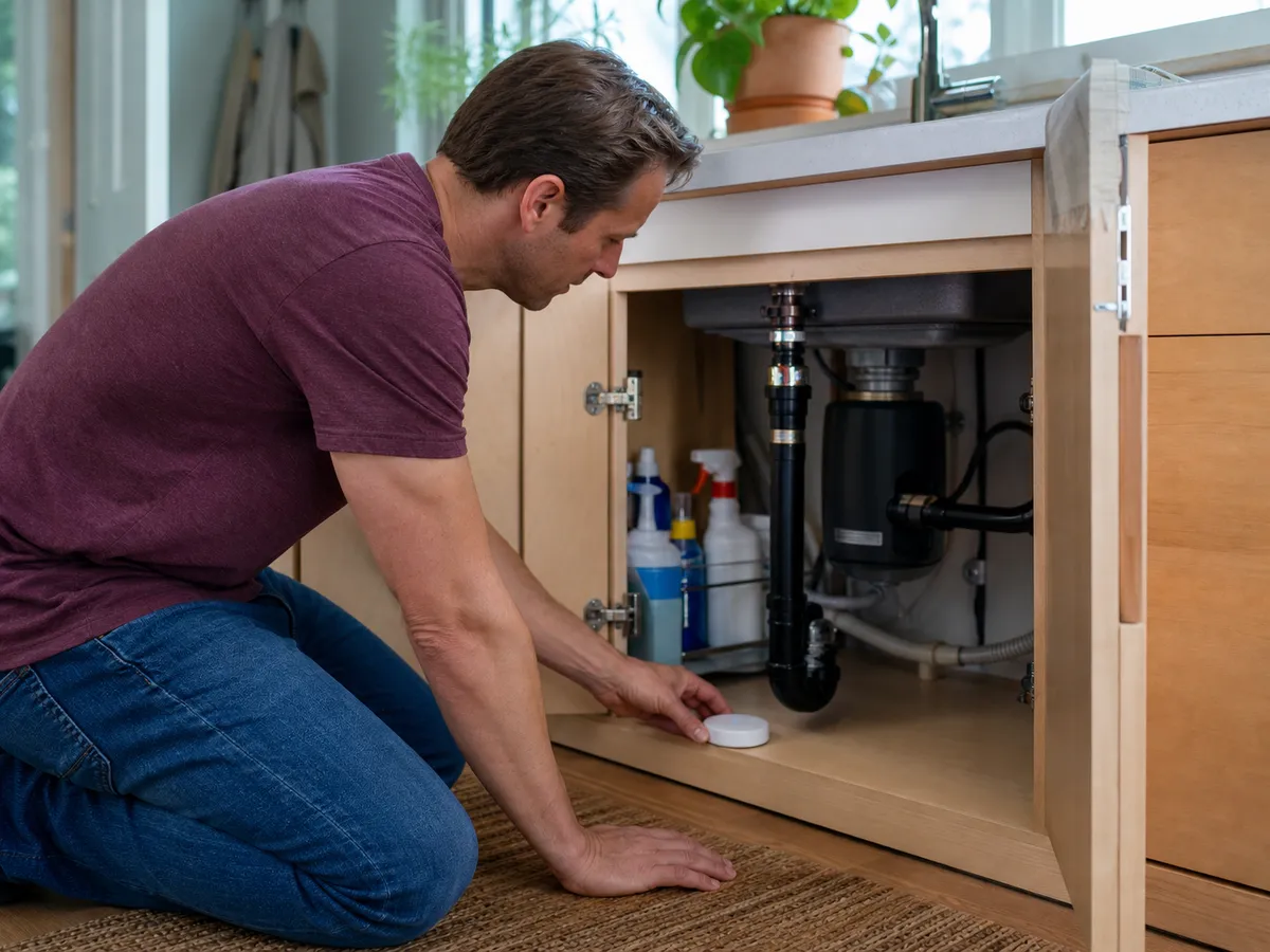 A water leak sensor placed on a dry cabinet floor beneath a kitchen sink