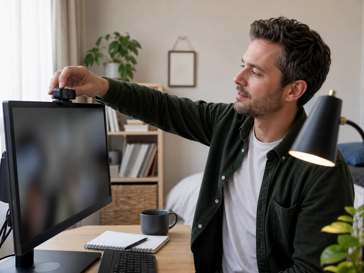 A realistic home video-call desk scene showing a webcam in everyday use