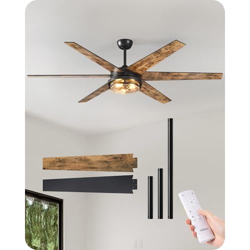 EDISHINE 70-inch black farmhouse ceiling fan with six wood blades and light