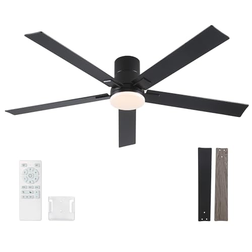 Rayqueen 60-inch black flush mount ceiling fan with five blades and light